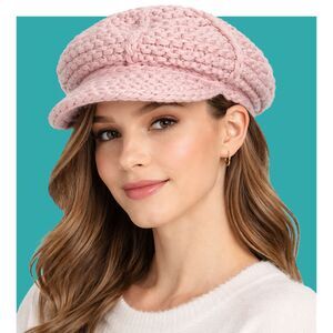 Lord & Taylor Y2K Baby Pink Chunky Knit Newsboy Cap Paperboy Cabbie Hat